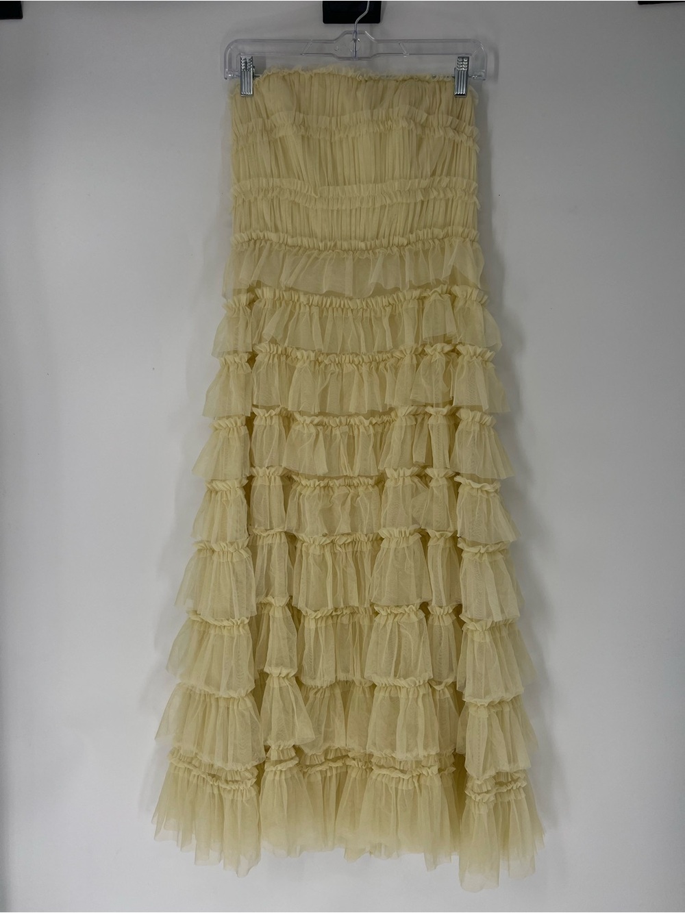 Mac Duggal Pale Yellow Tiered Tulle Ruffle Strapless Formal Classic Midi Dress 8